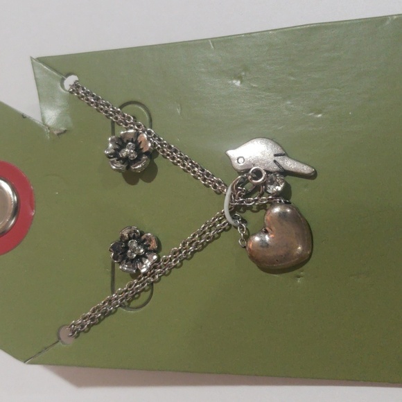 Silver Tone Heart Bird Charm Necklace & Flower Stud Earrings, Women’s Jewelry - Picture 6 of 8